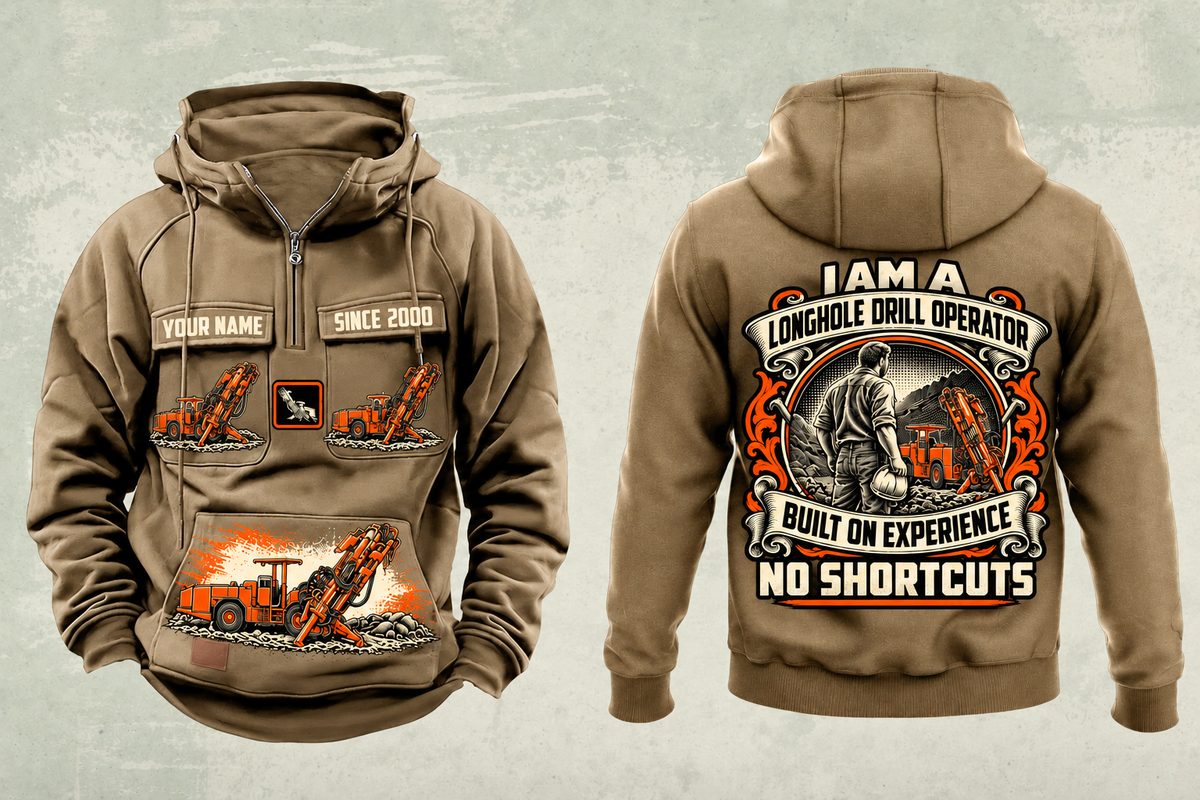 Personalized DL311 Longhole Drill Operator Vintage Hoodie in kaki, front and back artwork with YOUR NAME and SINCE 2000 sample text.