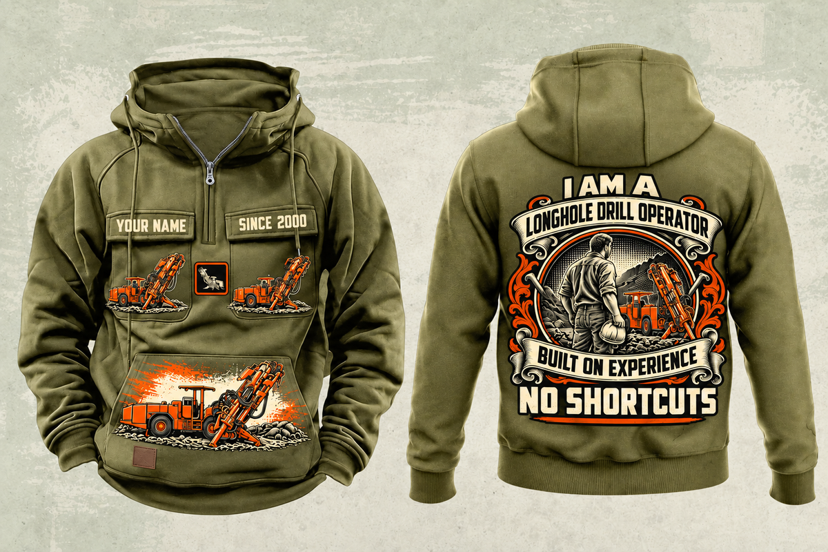 Personalized DL311 Longhole Drill Operator Vintage Hoodie in military-green, front and back artwork with YOUR NAME and SINCE 2000 sample text.