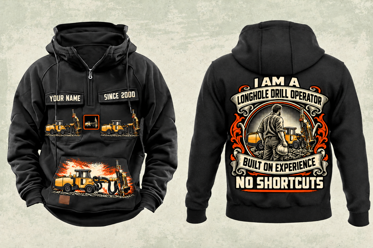 Personalized Simba S7 Longhole Drill Operator Vintage Hoodie in black, front and back artwork with YOUR NAME and SINCE 2000 sample text.