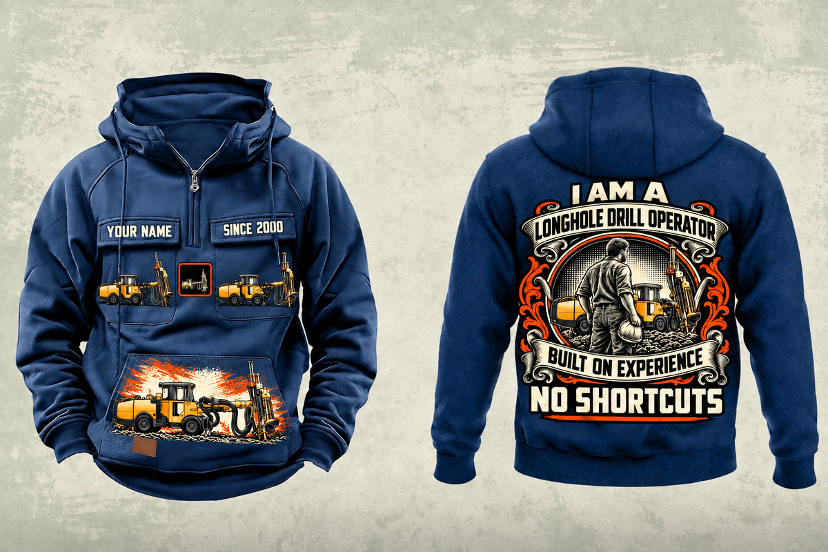 Personalized Simba S7 Longhole Drill Operator Vintage Hoodie in dark-blue, front and back artwork with YOUR NAME and SINCE 2000 sample text.