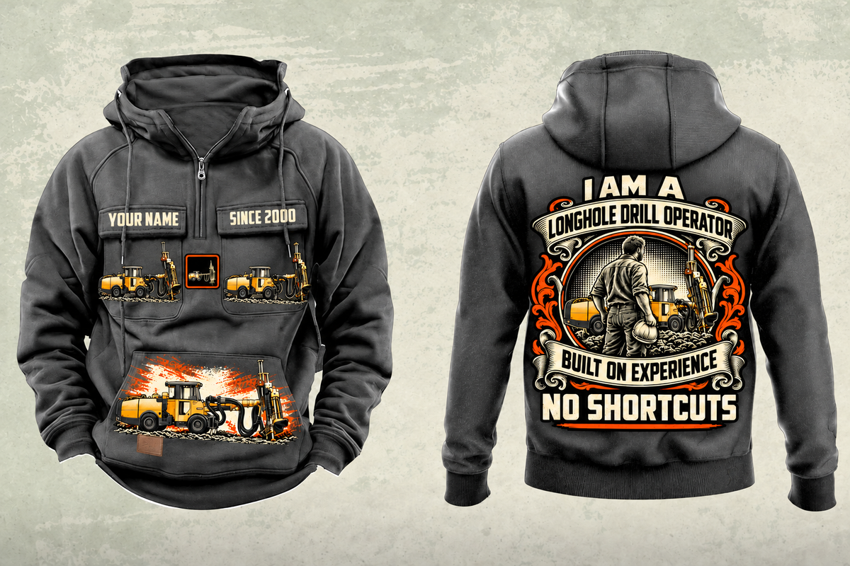 Personalized Simba S7 Longhole Drill Operator Vintage Hoodie in dark-gray, front and back artwork with YOUR NAME and SINCE 2000 sample text.