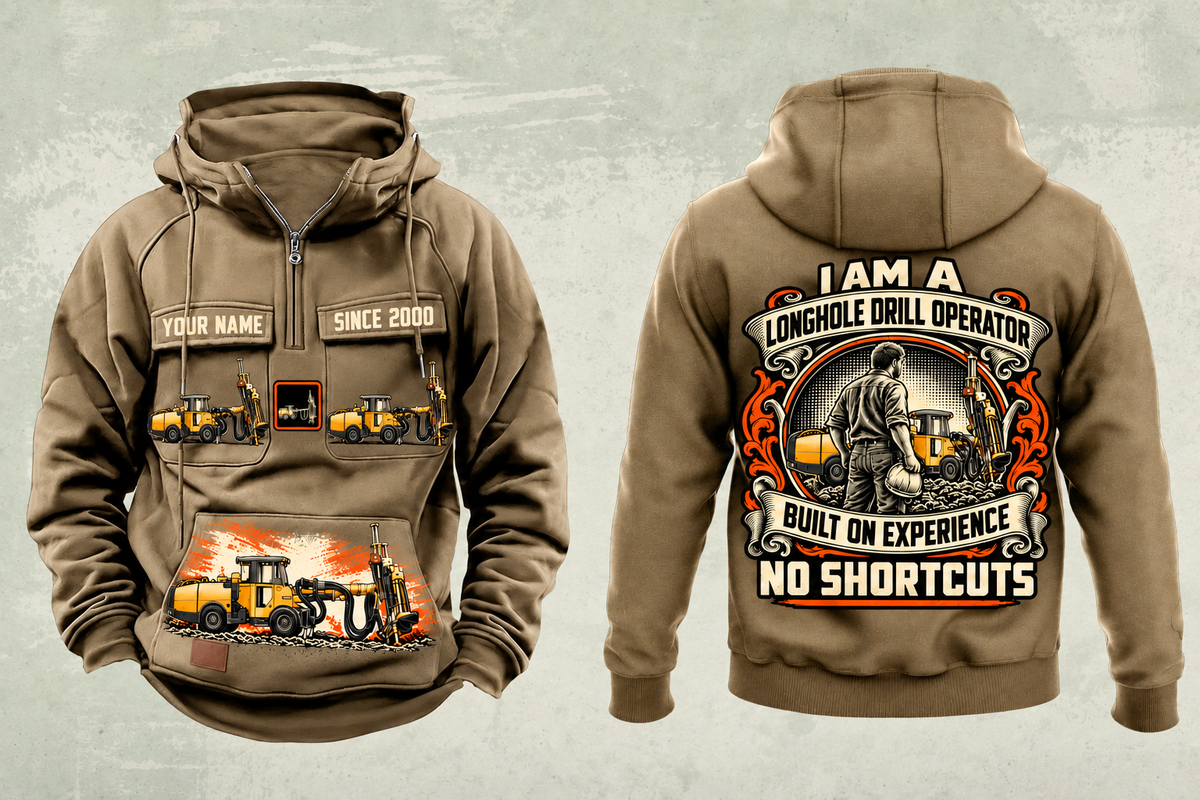 Personalized Simba S7 Longhole Drill Operator Vintage Hoodie in kaki, front and back artwork with YOUR NAME and SINCE 2000 sample text.