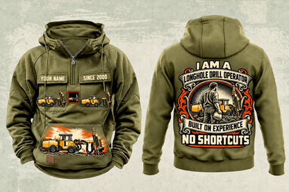 Personalized Simba S7 Longhole Drill Operator Vintage Hoodie in military-green, front and back artwork with YOUR NAME and SINCE 2000 sample text.