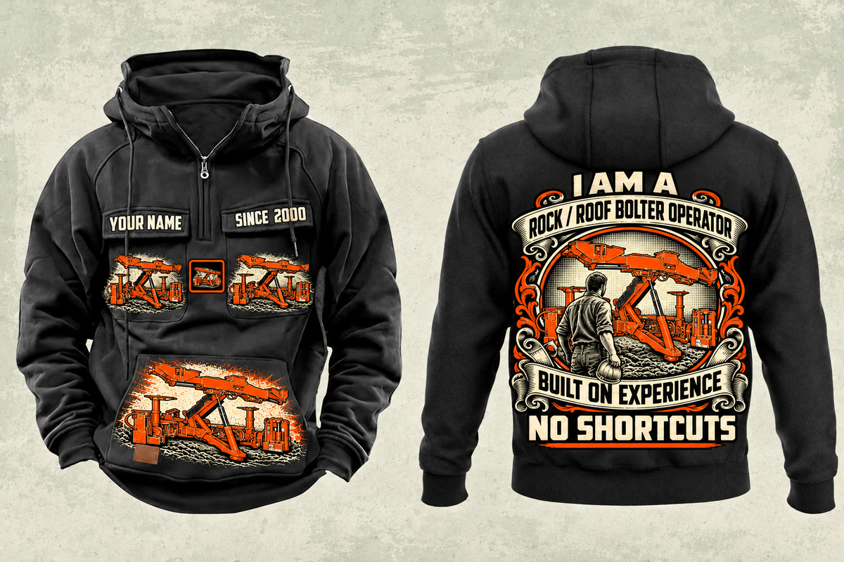 Personalized Fletcher DDR Roof Bolter Operator Vintage Hoodie in black, front and back artwork with YOUR NAME and SINCE 2000 sample text.