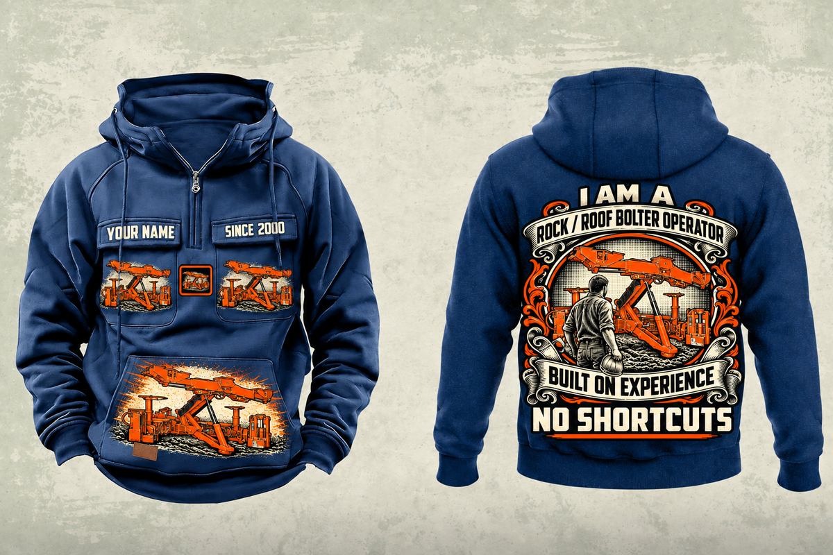 Personalized Fletcher DDR Roof Bolter Operator Vintage Hoodie in dark-blue, front and back artwork with YOUR NAME and SINCE 2000 sample text.