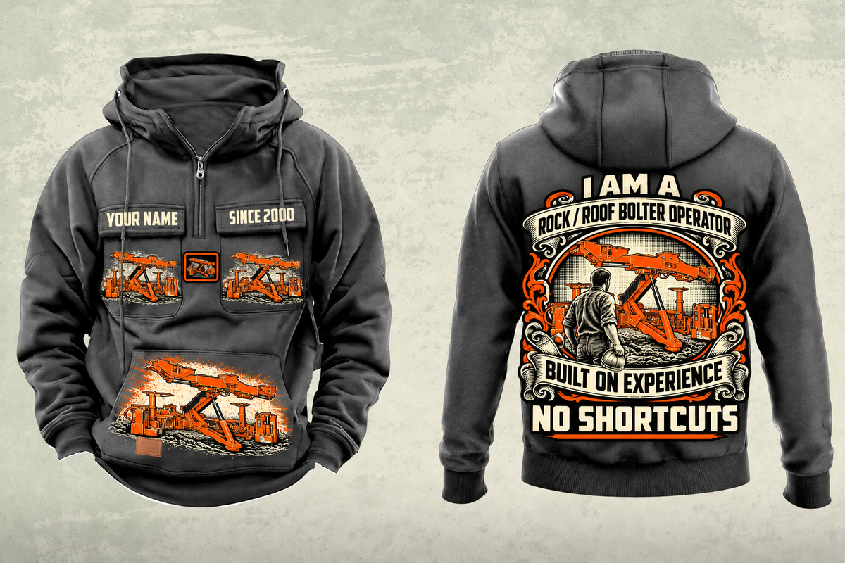 Personalized Fletcher DDR Roof Bolter Operator Vintage Hoodie in dark-gray, front and back artwork with YOUR NAME and SINCE 2000 sample text.