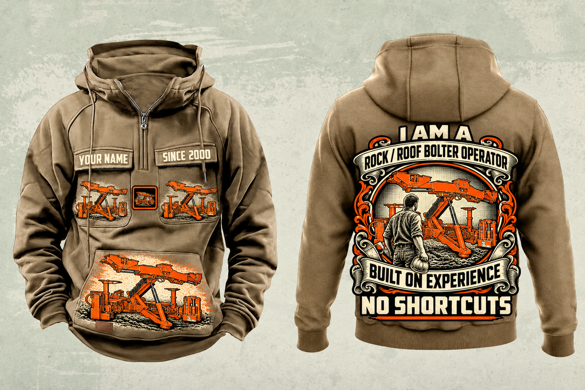 Personalized Fletcher DDR Roof Bolter Operator Vintage Hoodie in kaki, front and back artwork with YOUR NAME and SINCE 2000 sample text.