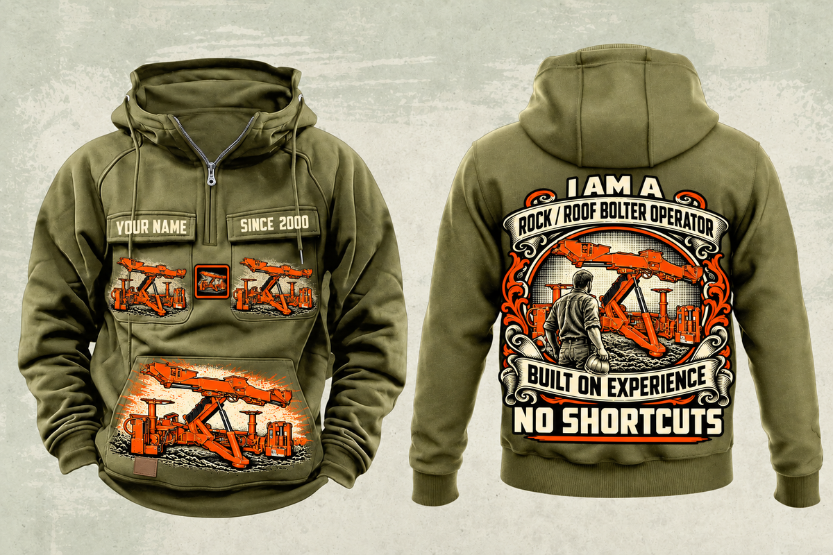 Personalized Fletcher DDR Roof Bolter Operator Vintage Hoodie in military-green, front and back artwork with YOUR NAME and SINCE 2000 sample text.