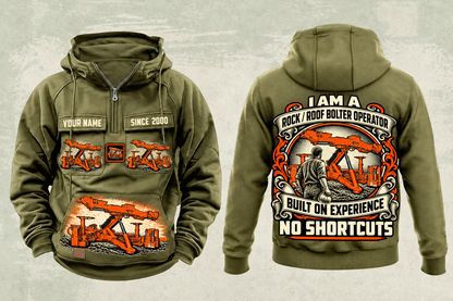 Personalized Fletcher DDR Roof Bolter Operator Vintage Hoodie in military-green, front and back artwork with YOUR NAME and SINCE 2000 sample text.