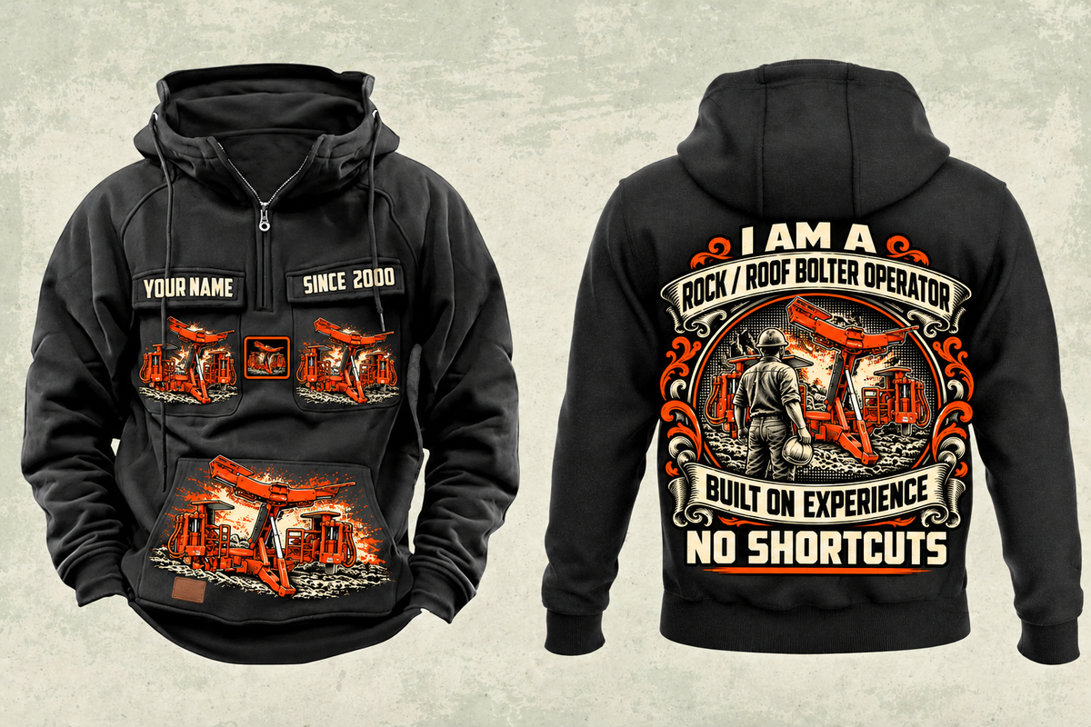 Personalized Fletcher CHDDR Roof Bolter Operator Vintage Hoodie in black, front and back artwork with YOUR NAME and SINCE 2000 sample text.