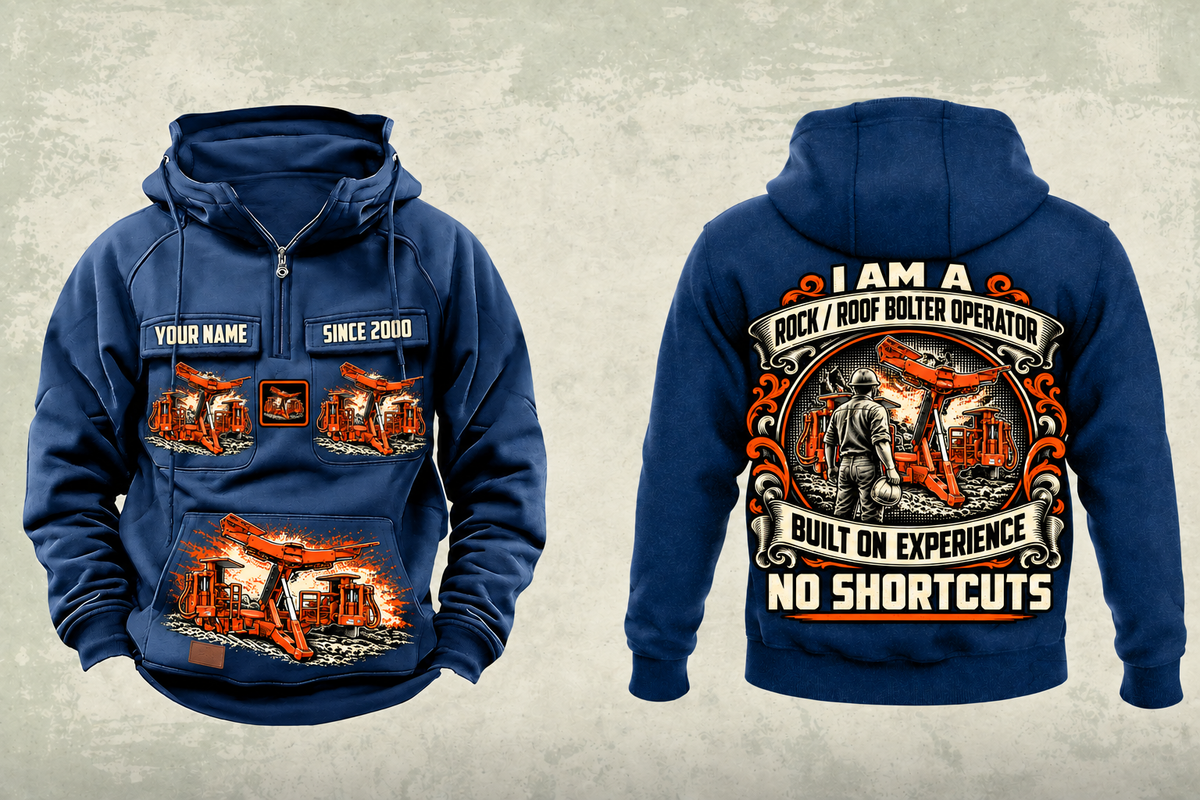 Personalized Fletcher CHDDR Roof Bolter Operator Vintage Hoodie in dark-blue, front and back artwork with YOUR NAME and SINCE 2000 sample text.