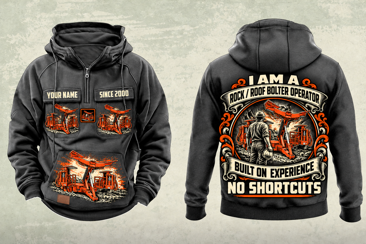 Personalized Fletcher CHDDR Roof Bolter Operator Vintage Hoodie in dark-gray, front and back artwork with YOUR NAME and SINCE 2000 sample text.