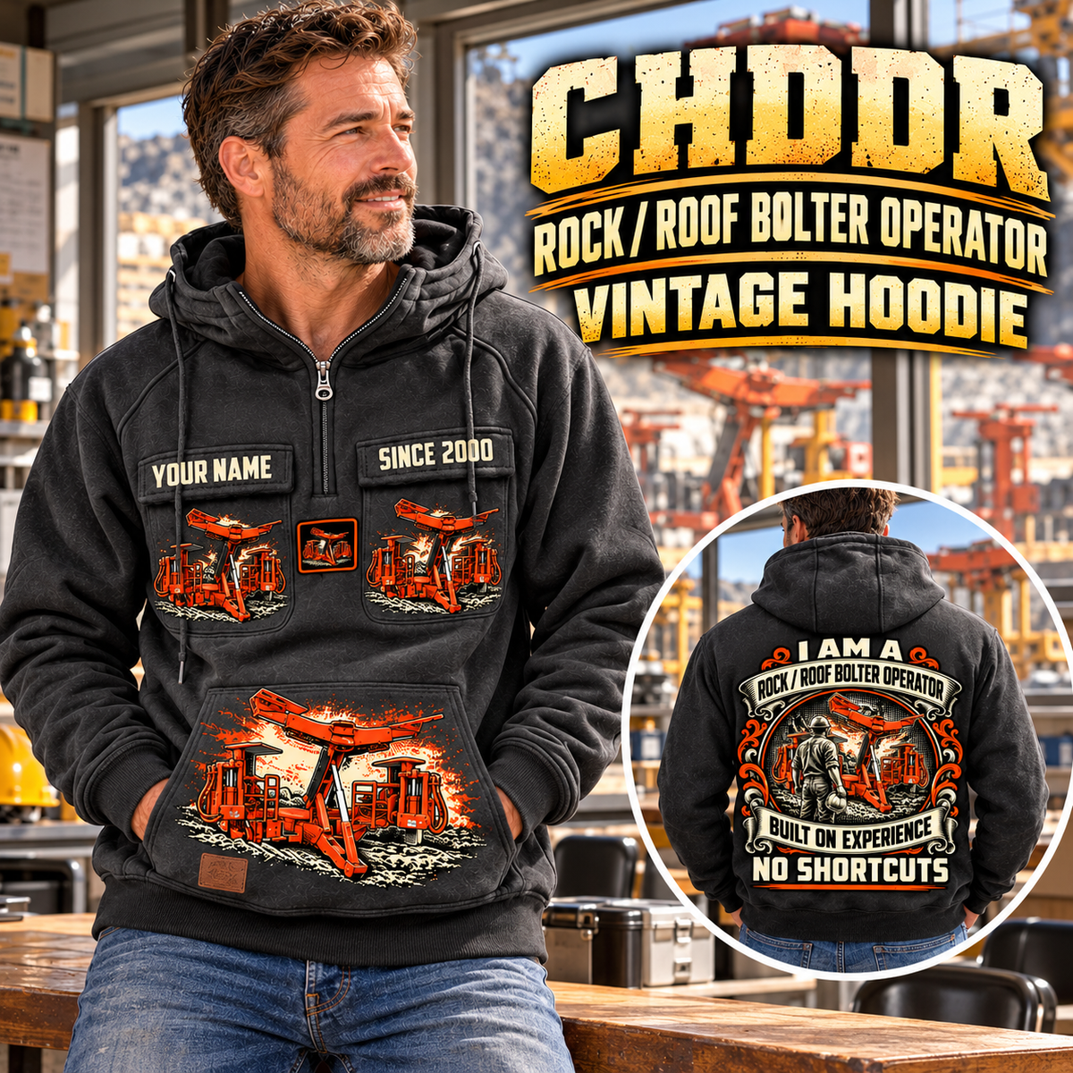 Personalized Fletcher CHDDR Roof Bolter Operator Vintage Hoodie in Dark Gray, front and back artwork with YOUR NAME and SINCE 2000 sample text.