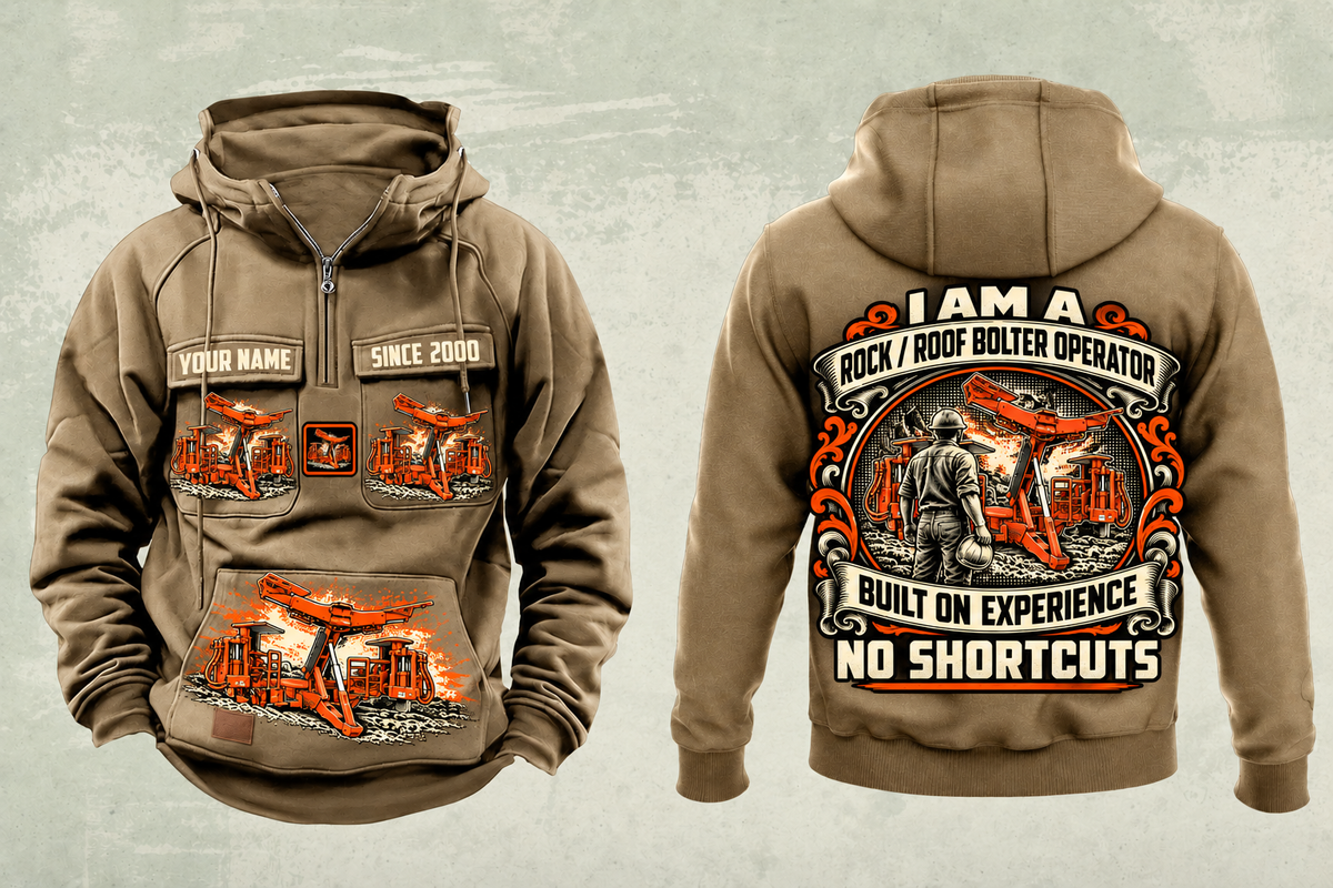Personalized Fletcher CHDDR Roof Bolter Operator Vintage Hoodie in kaki, front and back artwork with YOUR NAME and SINCE 2000 sample text.