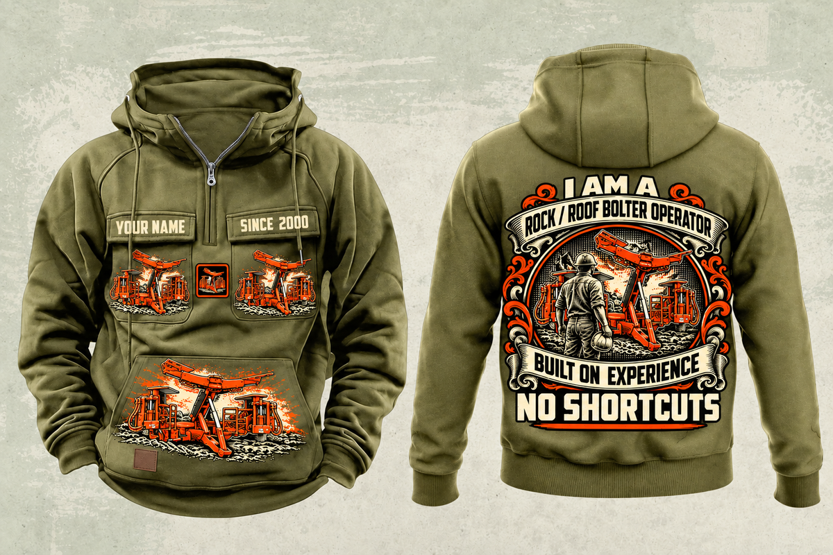 Personalized Fletcher CHDDR Roof Bolter Operator Vintage Hoodie in military-green, front and back artwork with YOUR NAME and SINCE 2000 sample text.