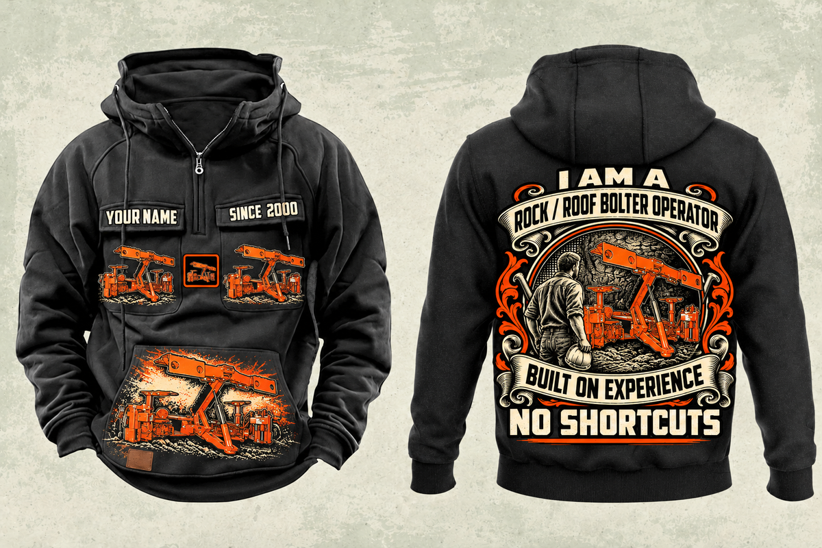 Personalized Fletcher CDDR Roof Bolter Operator Vintage Hoodie in black, front and back artwork with YOUR NAME and SINCE 2000 sample text.