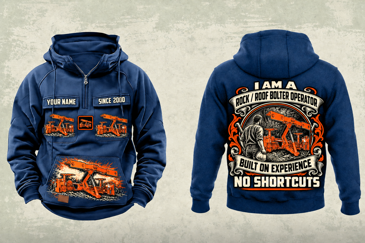 Personalized Fletcher CDDR Roof Bolter Operator Vintage Hoodie in dark-blue, front and back artwork with YOUR NAME and SINCE 2000 sample text.