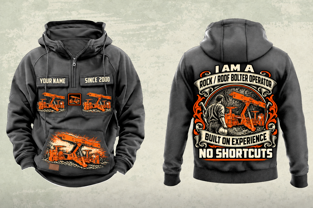 Personalized Fletcher CDDR Roof Bolter Operator Vintage Hoodie in dark-gray, front and back artwork with YOUR NAME and SINCE 2000 sample text.