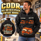 Personalized Fletcher CDDR Roof Bolter Operator Vintage Hoodie in Black, front and back artwork with YOUR NAME and SINCE 2000 sample text.