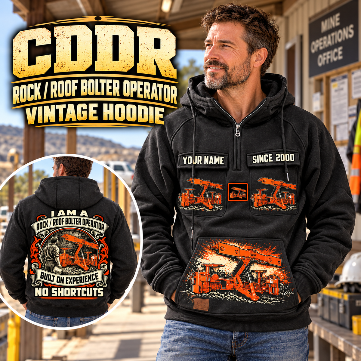 Personalized Fletcher CDDR Roof Bolter Operator Vintage Hoodie in Black, front and back artwork with YOUR NAME and SINCE 2000 sample text.