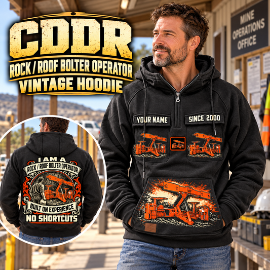 Personalized Fletcher CDDR Roof Bolter Operator Vintage Hoodie in Black, front and back artwork with YOUR NAME and SINCE 2000 sample text.