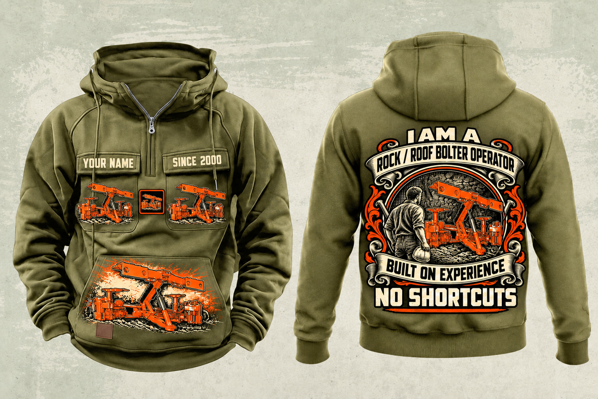 Personalized Fletcher CDDR Roof Bolter Operator Vintage Hoodie in military-green, front and back artwork with YOUR NAME and SINCE 2000 sample text.