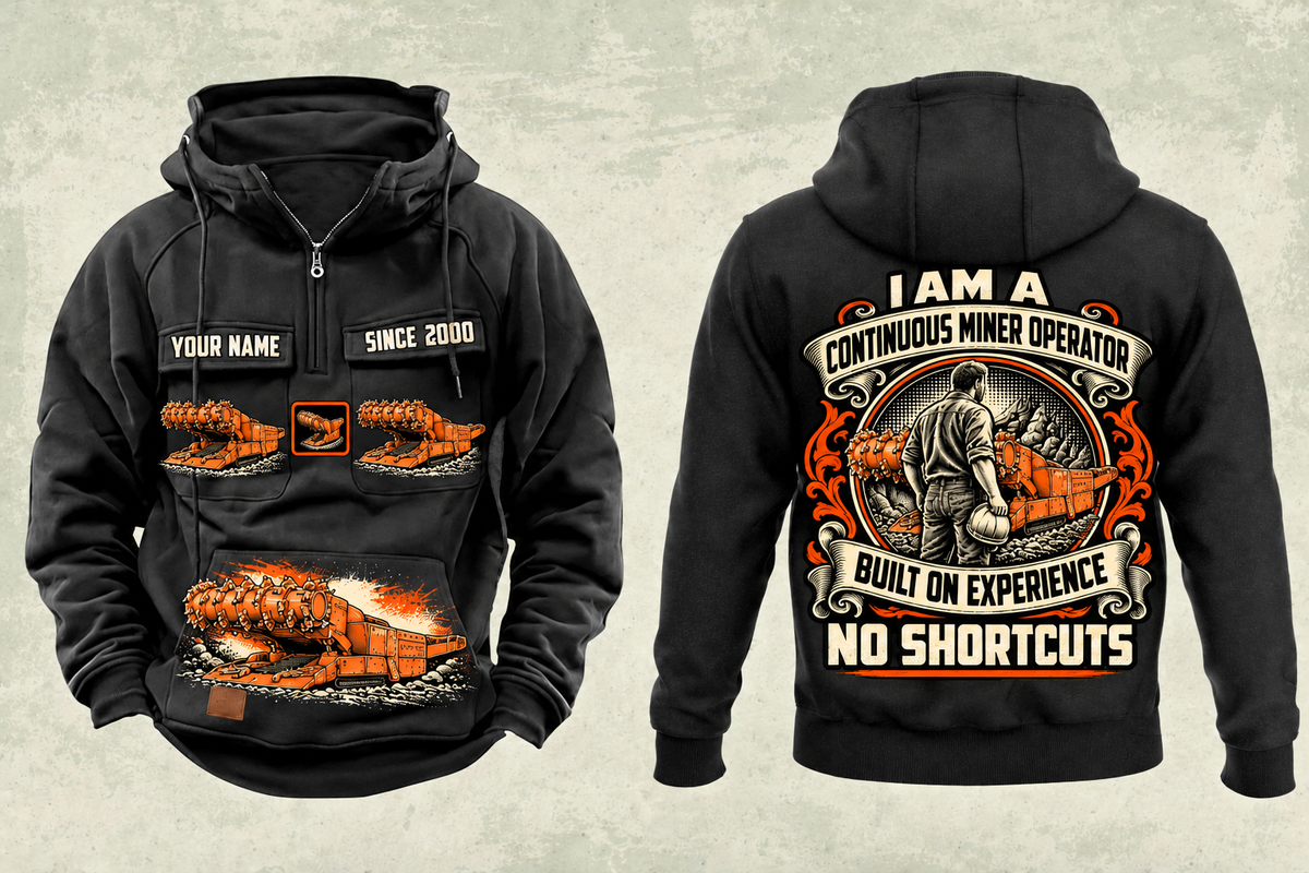 Personalized 12CM12 Continuous Miner Operator Vintage Hoodie in black, front and back artwork with YOUR NAME and SINCE 2000 sample text.