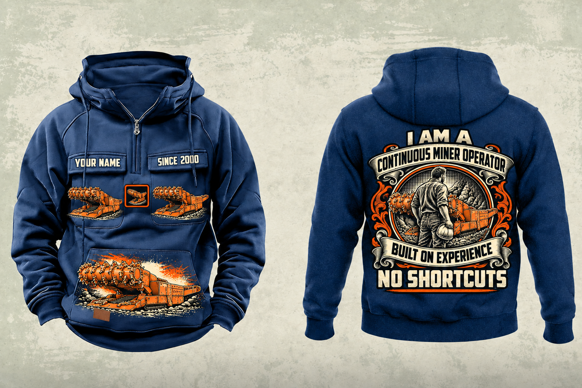 Personalized 12CM12 Continuous Miner Operator Vintage Hoodie in dark-blue, front and back artwork with YOUR NAME and SINCE 2000 sample text.