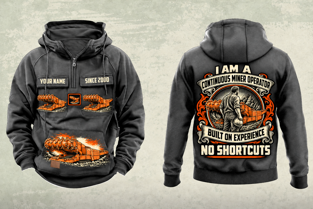 Personalized 12CM12 Continuous Miner Operator Vintage Hoodie in dark-gray, front and back artwork with YOUR NAME and SINCE 2000 sample text.