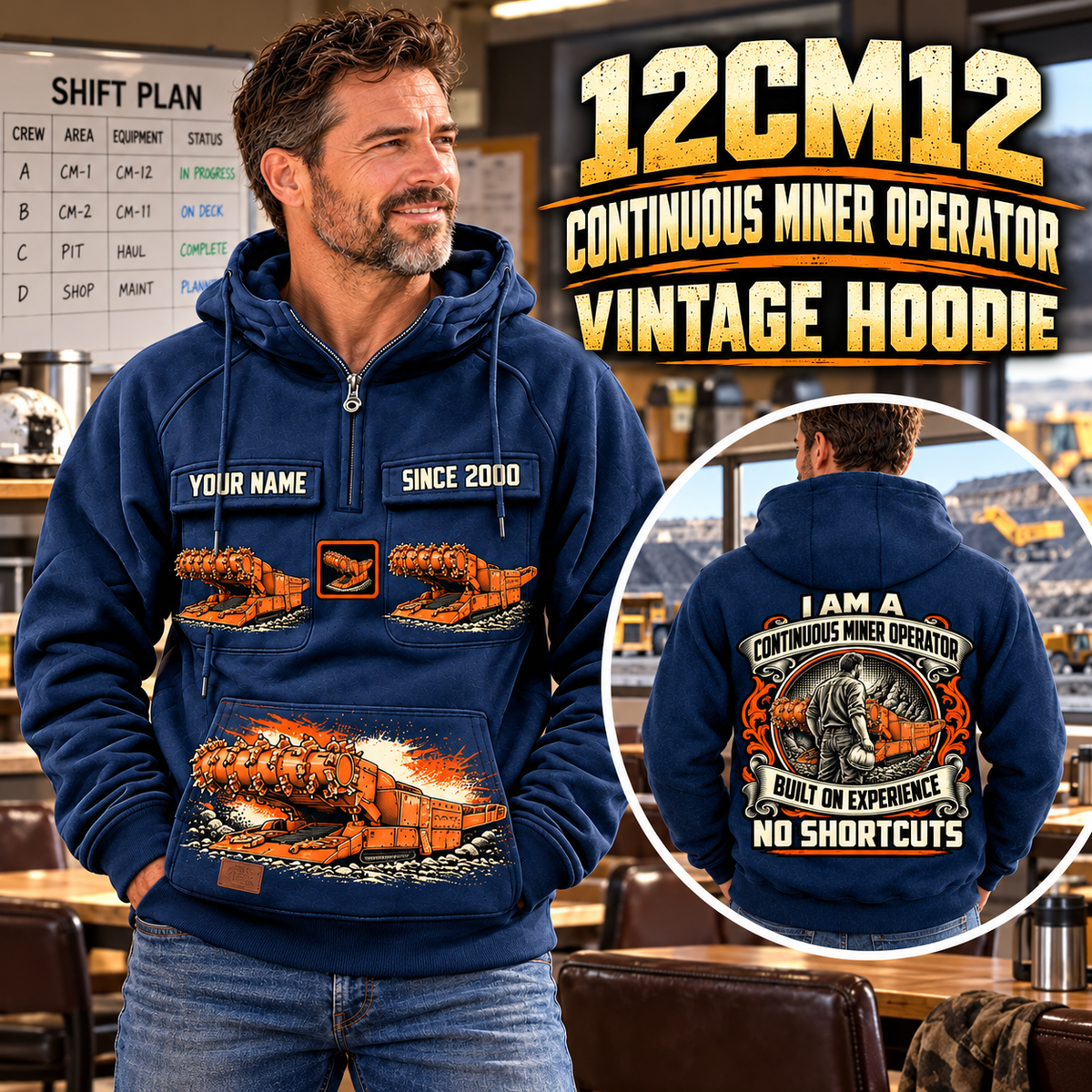 Personalized 12CM12 Continuous Miner Operator Vintage Hoodie in Dark Blue, front and back artwork with YOUR NAME and SINCE 2000 sample text.