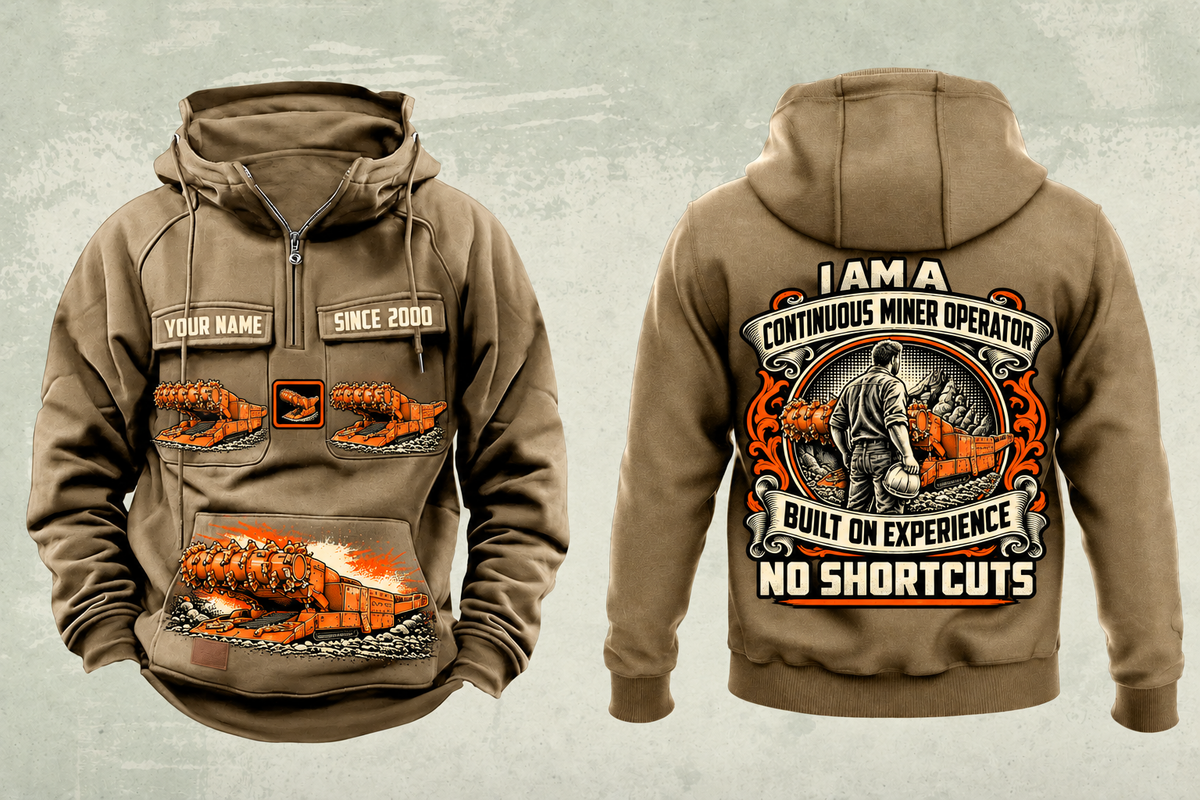 Personalized 12CM12 Continuous Miner Operator Vintage Hoodie in kaki, front and back artwork with YOUR NAME and SINCE 2000 sample text.