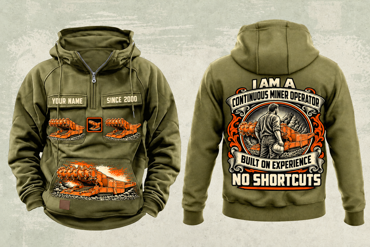 Personalized 12CM12 Continuous Miner Operator Vintage Hoodie in military-green, front and back artwork with YOUR NAME and SINCE 2000 sample text.