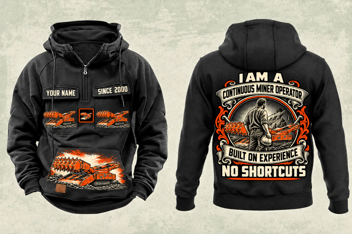 Personalized 14CM15 Continuous Miner Operator Vintage Hoodie in black, front and back artwork with YOUR NAME and SINCE 2000 sample text.