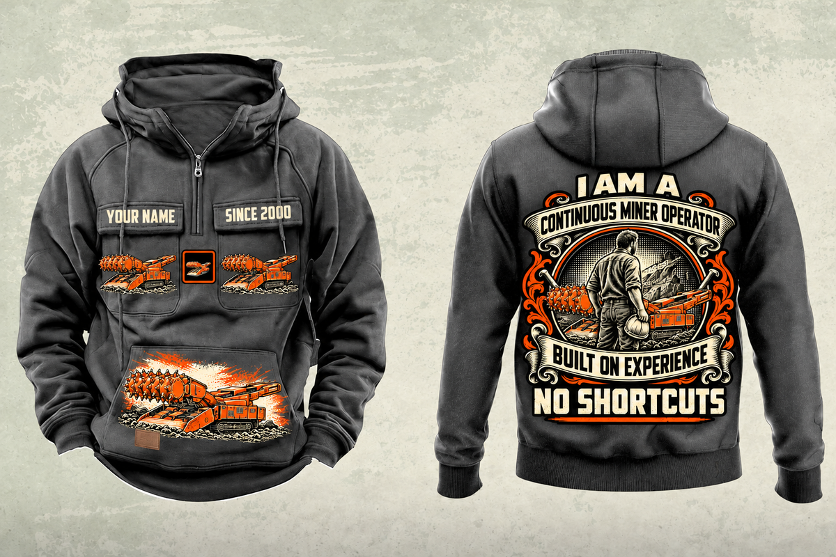 Personalized 14CM15 Continuous Miner Operator Vintage Hoodie in dark-gray, front and back artwork with YOUR NAME and SINCE 2000 sample text.