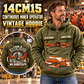 Personalized 14CM15 Continuous Miner Operator Vintage Hoodie in Military Green, front and back artwork with YOUR NAME and SINCE 2000 sample text.
