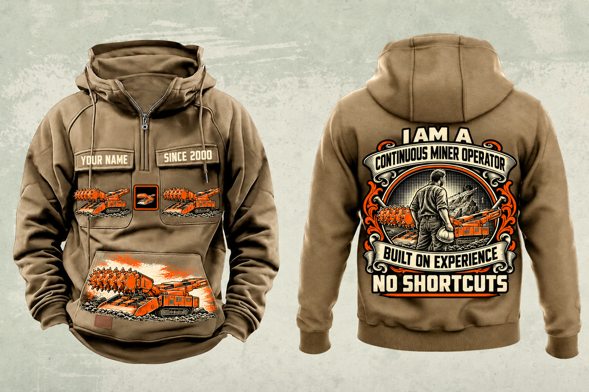 Personalized 14CM15 Continuous Miner Operator Vintage Hoodie in kaki, front and back artwork with YOUR NAME and SINCE 2000 sample text.