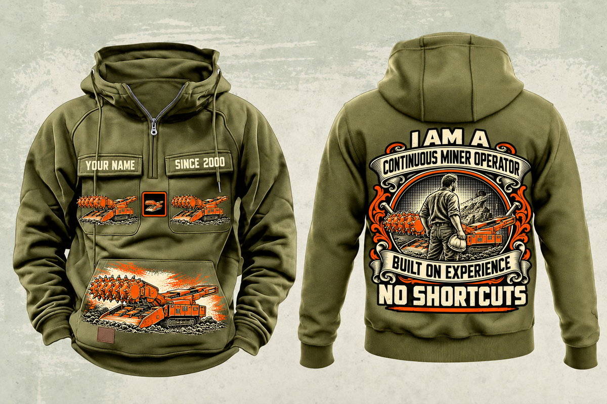 Personalized 14CM15 Continuous Miner Operator Vintage Hoodie in military-green, front and back artwork with YOUR NAME and SINCE 2000 sample text.