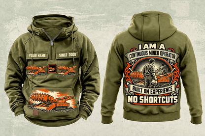 Personalized 14CM15 Continuous Miner Operator Vintage Hoodie in military-green, front and back artwork with YOUR NAME and SINCE 2000 sample text.