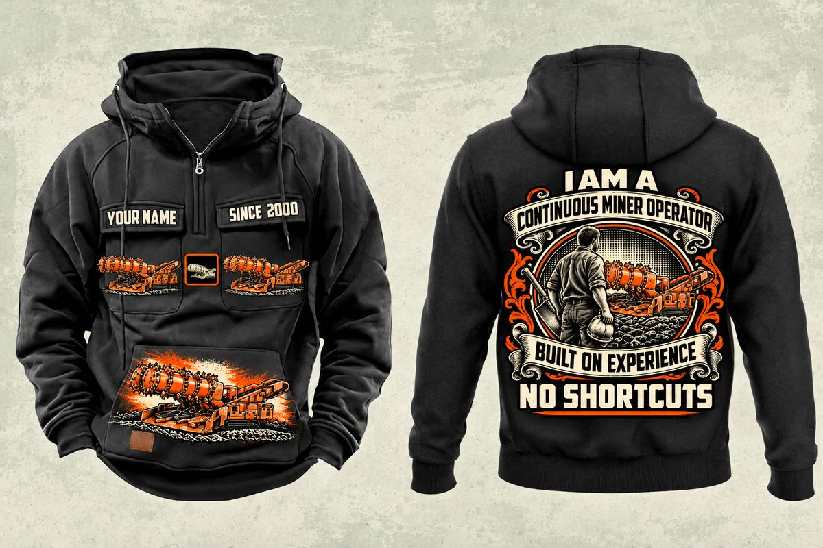 Personalized 14CM27 Continuous Miner Operator Vintage Hoodie in black, front and back artwork with YOUR NAME and SINCE 2000 sample text.