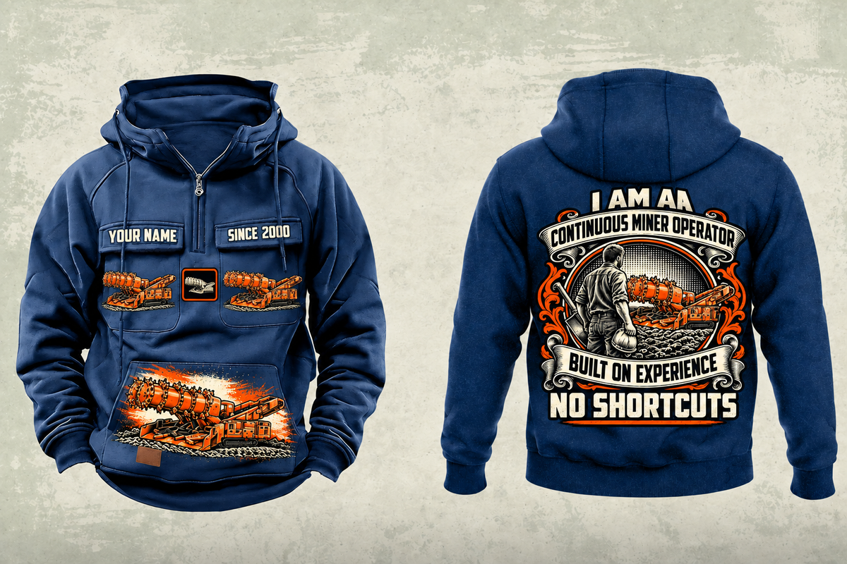 Personalized 14CM27 Continuous Miner Operator Vintage Hoodie in dark-blue, front and back artwork with YOUR NAME and SINCE 2000 sample text.