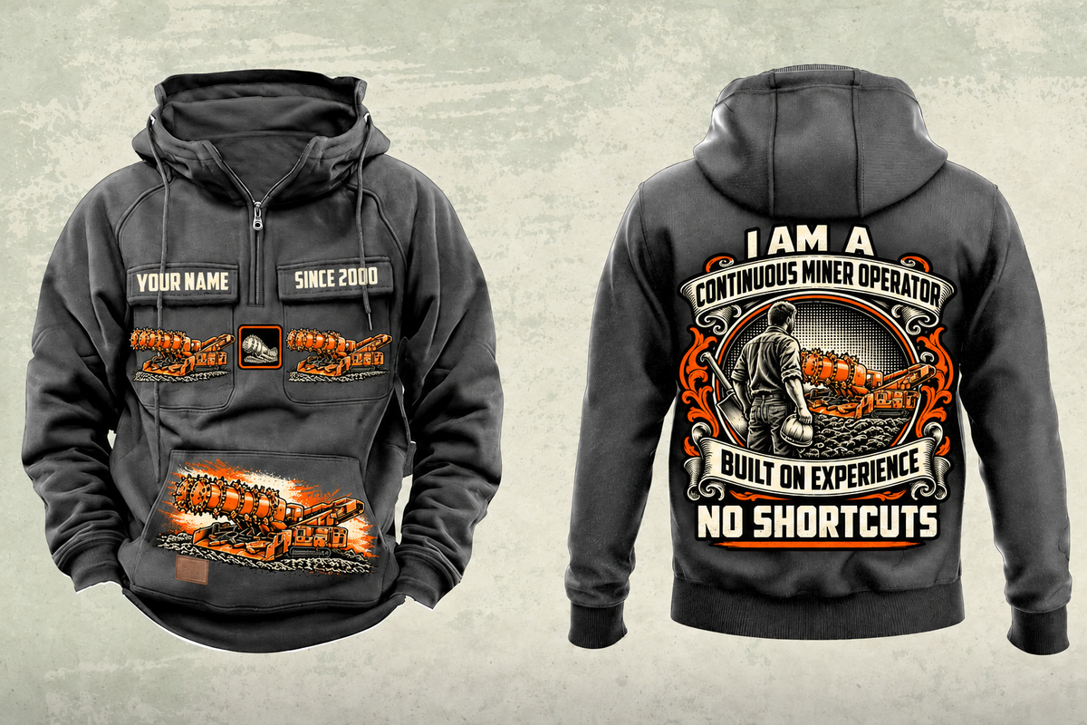 Personalized 14CM27 Continuous Miner Operator Vintage Hoodie in dark-gray, front and back artwork with YOUR NAME and SINCE 2000 sample text.