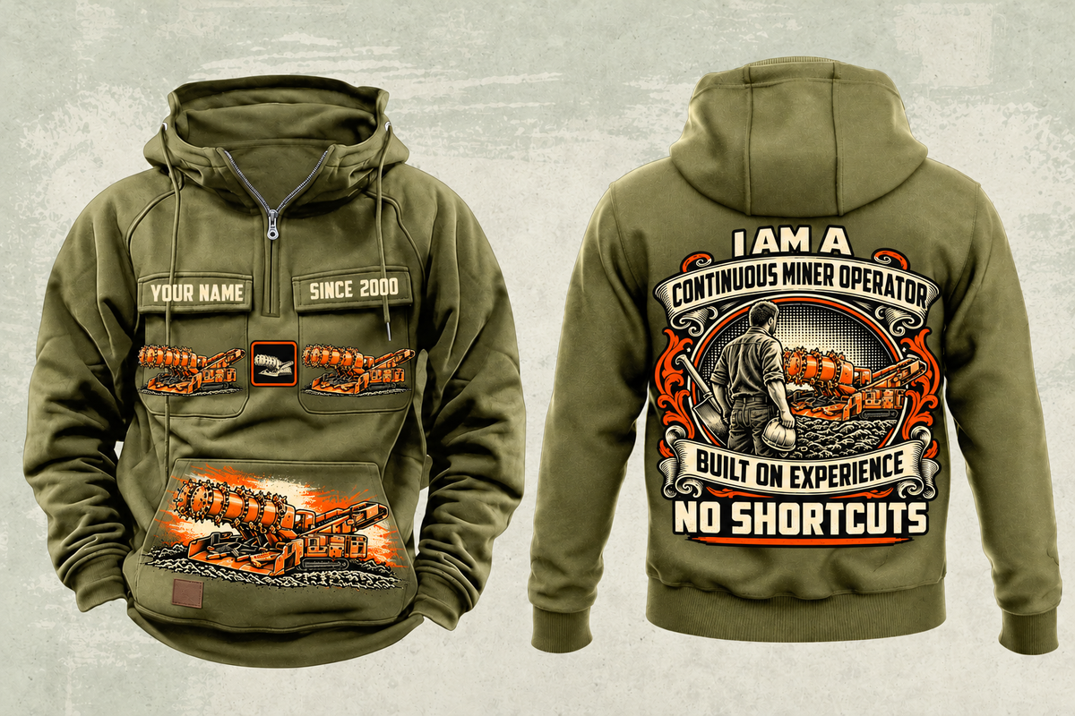 Personalized 14CM27 Continuous Miner Operator Vintage Hoodie in military-green, front and back artwork with YOUR NAME and SINCE 2000 sample text.