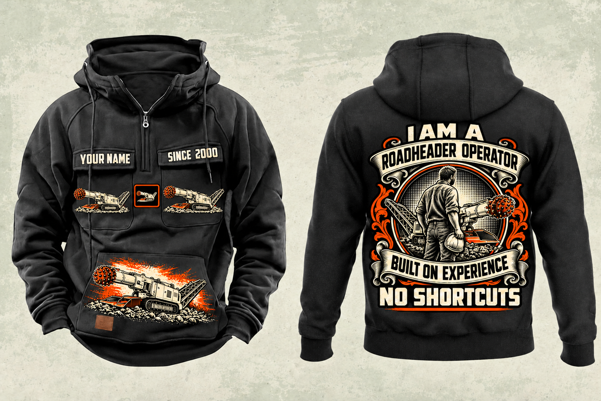 Personalized AQM 50 Roadheader Operator Vintage Hoodie in black, front and back artwork with YOUR NAME and SINCE 2000 sample text.