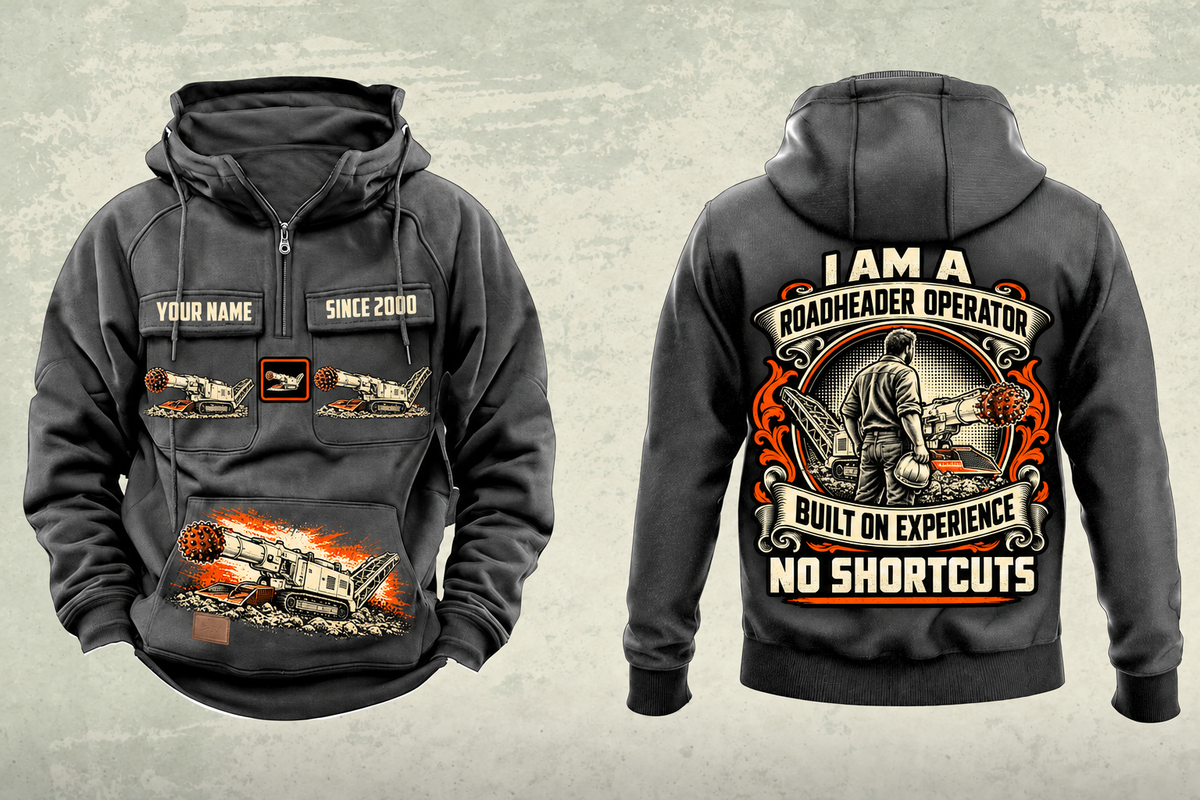 Personalized AQM 50 Roadheader Operator Vintage Hoodie in dark-gray, front and back artwork with YOUR NAME and SINCE 2000 sample text.