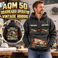 Personalized AQM 50 Roadheader Operator Vintage Hoodie in Dark Gray, front and back artwork with YOUR NAME and SINCE 2000 sample text.