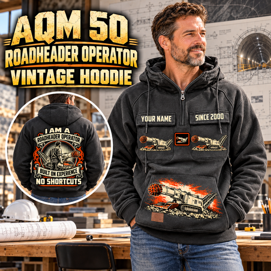 Personalized AQM 50 Roadheader Operator Vintage Hoodie in Dark Gray, front and back artwork with YOUR NAME and SINCE 2000 sample text.