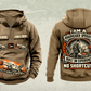 Personalized AQM 50 Roadheader Operator Vintage Hoodie in kaki, front and back artwork with YOUR NAME and SINCE 2000 sample text.