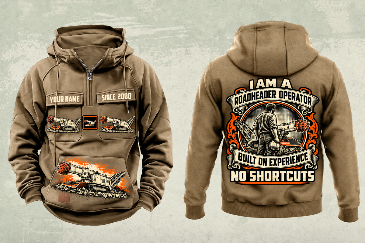 Personalized AQM 50 Roadheader Operator Vintage Hoodie in kaki, front and back artwork with YOUR NAME and SINCE 2000 sample text.