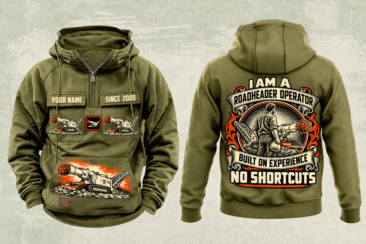 Personalized AQM 50 Roadheader Operator Vintage Hoodie in military-green, front and back artwork with YOUR NAME and SINCE 2000 sample text.
