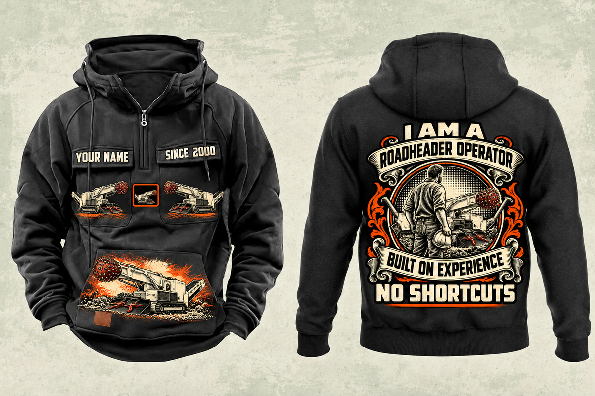 Personalized AQM 150 Roadheader Operator Vintage Hoodie in black, front and back artwork with YOUR NAME and SINCE 2000 sample text.